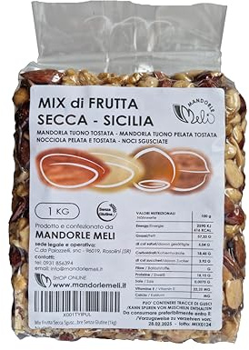 Mix Frutta Secca Sgusciata Siciliana - Mandorle Tostate, Mandorle Tostate Pelate, Nocciole Tostate e Noci - Fonte di Vitamine e Fibre Senza Glutine (1kg)