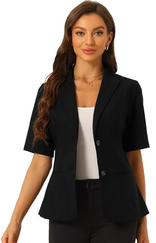 Allegra K Blazer da donna a maniche corte con bottoni sul davanti, in cotone e lino, colletto con risvolto, da lavoro, ufficio, casual, Nero , L