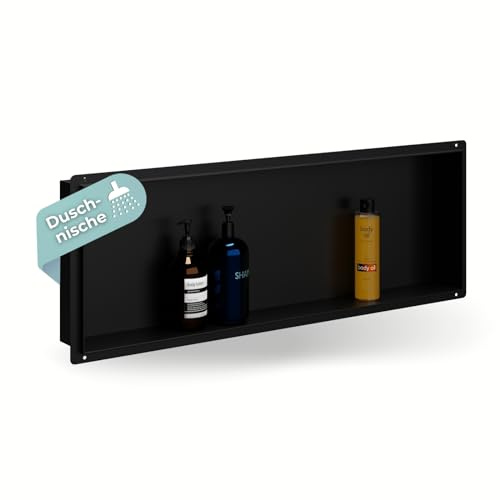 HAGO24 DIY Duschnische 90x30cm I Wandnische Dusche aus Edelstahl I einbaubare Duschablage in schwarz I rahmenlose Badezimmer Aufbewahrung I Duschnische selber bauen mit 100% Dichtheit