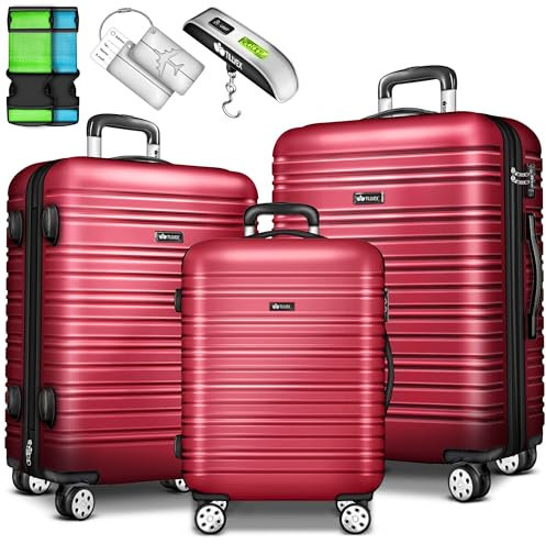tillvex® Reisekoffer Set 3-TLG. mit Gepäckwaage, 6X Koffergurte und 3X Kofferanhänger | Hartschale Kofferset 4 Rollen | Trolley Gepäck Koffer mit TSA Schloss | Rollkoffer Hartschalenkofferset M-L-XL