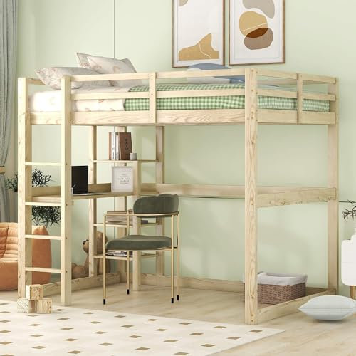 MQGPM Kinderbett Hochbett 140x200cm mit Rausfallschutz und Stauraum, Vielseitiges Etagenbett mit Lattenrost und 4 Ablagefächern und Einer Schreibtischplatte für Kinder Spielendes Lernen, Naturfarbe