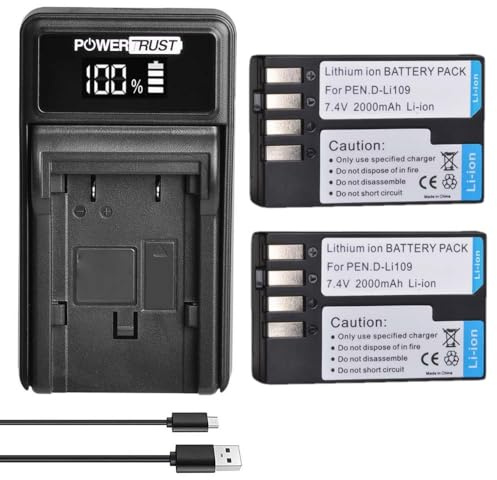 PowerTrust 2Pcs D-Li109 Battery and Charger for Pentax K-S2, K-S1, K-50, K-70, K-500, K-30, K-P, K-r, KF
