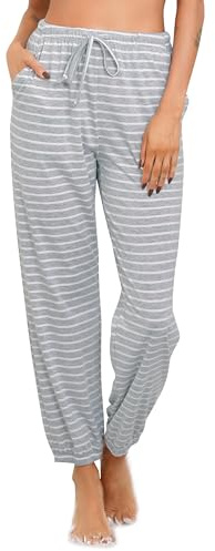 Vlazom Pantaloni del Pigiama Donna A Righe Cotone Lungo Morbidi Pantaloni da Notte con Tasche per Loungewear，Striscia grigio chiaro，XL