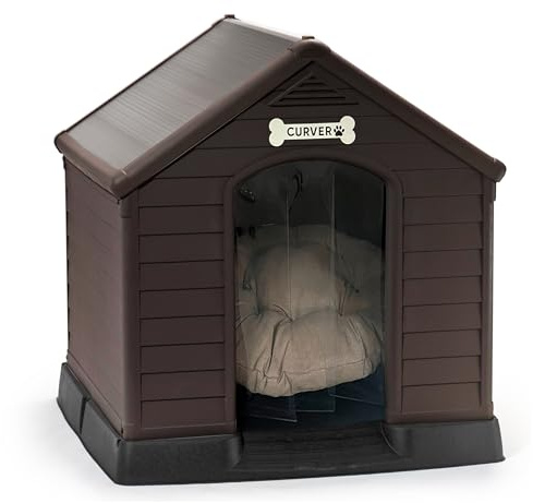 CURVER Caseta de Perro marrón grande, incluye cojín, cortina y etiqueta con nombre - Fabricada en resina 99Wx99LxH95 cm