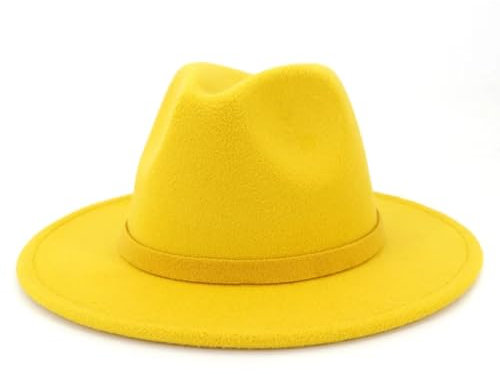 Fedora Trilby Filzhut Hut Männer Frauen Breite Krempe Filz Jazz Fedora Hüte Retro-Stil Einfarbig Panama Hut Formal Hut 56-58Cm Gelb
