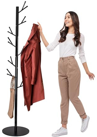 Steel Coat Hanger Tree With 16 Peg Hooks Hanging Bars Free Standing Coat Rack For Hallway Hats Hand Bags Umbrellas & Clothes For Home Office Bedroom Round Base Easy to Assemble 175CM Tall Black