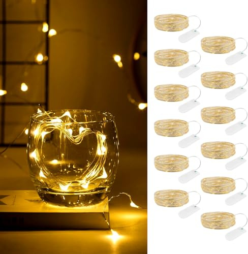 OCCOUMR 12-pack ljuskedjor med timer, 2 m 20 LED koppartråd ljuskedja inomhus, varma vita ljuskedjor jul batteridriven vattentät för fester bröllop dekoration