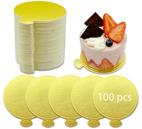 WWYSSZ 100 Pièces Mini Planches à Gâteau Rondes, 9 cm Doré Plateau à Gâteau Jetable en Mousse Supports Rond en Carton, Mini Assiettes Desserts Rondes à Gâteaux, pour Mousse, Cupcakes, Desserts
