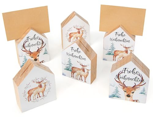 Logbuch-Verlag 6 Tischkarten Weihnachten Holz Häuser Tischkartenhalter Fotohalter Geschenkidee 8 cm Hirsch Motiv