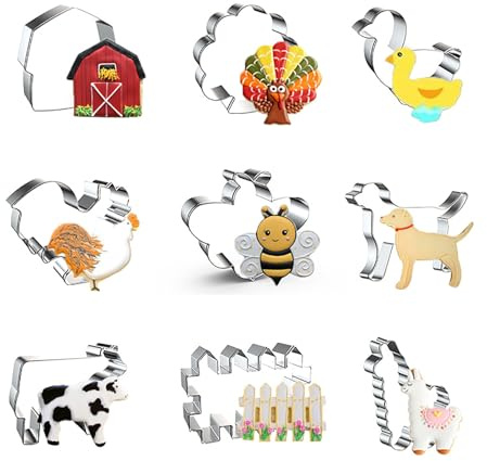 WDYJMALL Farm Cookie Cutters 9-Pc Set - Barn Farm House Turkey Duck Rooster Chicken Bee Dog Cow Fence Sheep Lamb Alpaca - C
