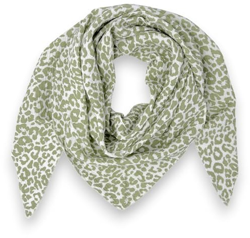 Damen Musselin Tuch Baumwolle Leo Print 195x72 cm Made in Italy (Weiß-Grün)