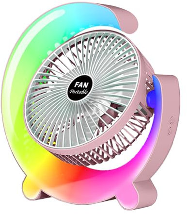 pandakarias Desk Fan with Colorful Light, 2-in-1 Desk Fan and Night Light, 3 Speeds, 5 Light Modes, USB Rechargeable Table Fan, 360° Rotatable Quiet Fan for Home and Camping (Pink)