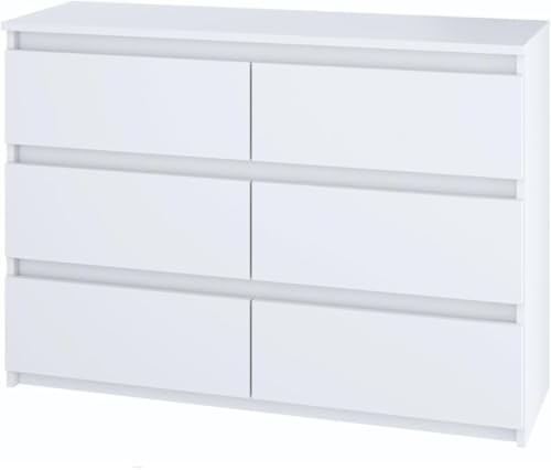 SoDREAMER Kommode mit 6 Schubladen | Weiß 120cm Ideal für Schlafzimmer, Wohnzimmer, Kinderzimmer und Büro | Große geräumige Schubladenschrank | 120x75x40 cm