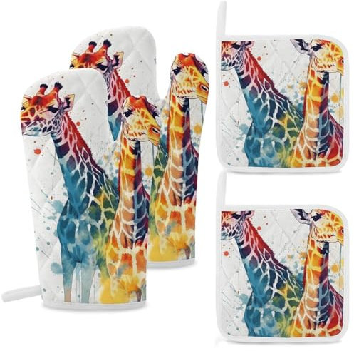 Beautiful Giraffe Oven Mitts and Pot Holders Sets of 4 High Heat Resistant Non-Slip Oven Gloves Hot Pads Cooking Gloves for Kitchen Cooking Baking Grilling BBQ