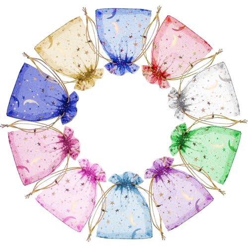 Aysatogc 100PCS Moon Star Organza Bags, Drawstring Jewelry Gift Bags Goodie Candy Wrap Pouch for Wedding Party Christmas Halloween and Valentine's Day(Random Color)