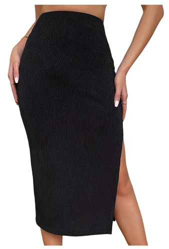 GORGLITTER Women's High Slit Bodycon Pencil Midi Skirts High Waisted Rib Knit Elegant Long Skirt Black Medium