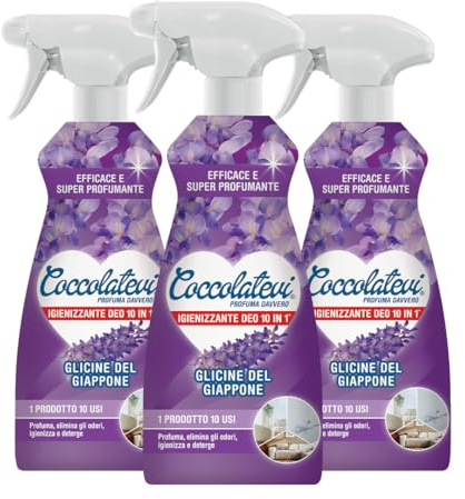 COCCOLATEVI Deo 10 in 1, 500 ml x 3 Cattura Odori, Detergente Igienizzante Multi Superficie con Alcol 50°, Igienizza, Pulisce, Deodora e Profuma (Glicine del Giappone)