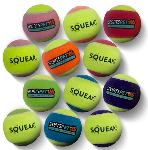 SPORTSPET Squeak Tennis Hundebälle, Mehrfarbig, 12er-Pack (64mm) | Extra sprungkräftig, ungiftig, langlebig, lang haltbarer quietschender Hundeball, schonend für Zähne & Zahnfleisch