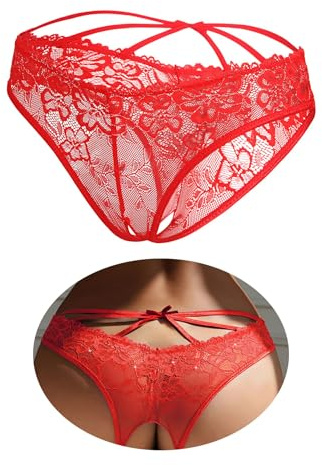 ohyeahlady Lace Thong Underwear Hollow Sexy Panties French Knickers 10-18 | Silver Thread, Floral Lace, Crotch Open, Criss Cross, Soft, Cheeky Underwear