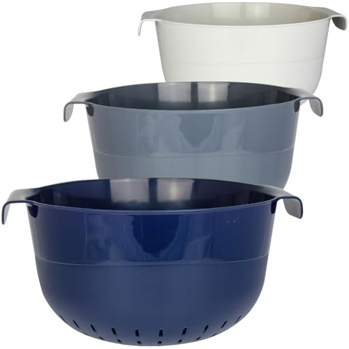 Sustania Lot de 3 passoires flexibles – Bol de cuisine empilable avec passoire 3 l – Blanc, gris, bleu, en plastique, bol mélangeur, 22 cm