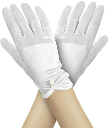 LuckyOpt Guanti in raso, ricerca di perline, guanti corti elastici, guanti da sposa, guanti di perle per la cena di nozze, bianco, Taglia unica