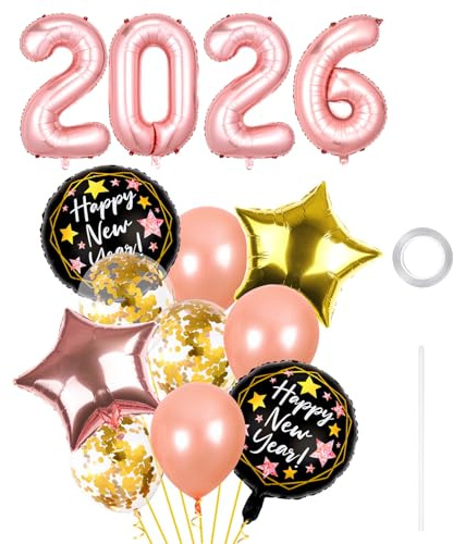 GoldRock Luftballons Silvester Deko 2026 Party,14 × Ballons Happy New Year,Folienballon 2026 Zahlen Happy New Year Luftballon Silvesterdeko Set,Stern Deko Silvester Balloon,Neujahr Dekoration Rosegold