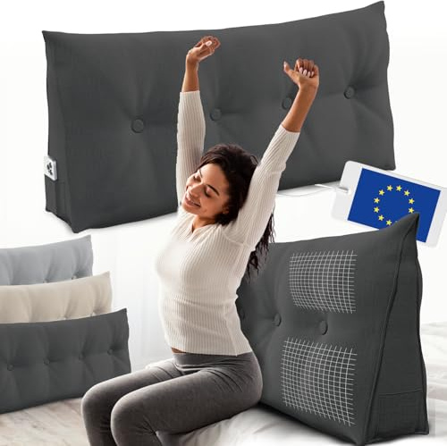 ELONEO Rückenkissen 120 cm breit, Keilkissen für Bett und Sofa geeignet, dreieckiges Lesekissen, Kissen mit abnehmbarem und waschbarem Bezug, mit praktischem Seitenfach