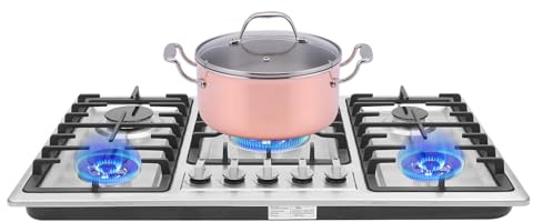 MEELRYD Cocina de gas de acero inoxidable con 5 fuegos, placa de gas empotrable, cocina de gas natural, cocina de gas con 5 soportes, protección contra incendios, para cocinas, restaurantes, 86 x 51 x