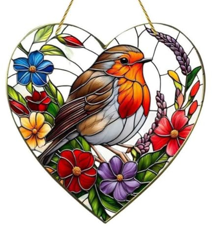 1 Pc Large Heart-Shaped Robin Sun Catcher, 20x20CM Stained Glass Decor, Hanging Window Ornament for Home Garden & Gift Giving