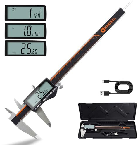 HARDELL Pie de Rey Digital 0-8 Pulgadas, Calibrador Digital Recargable con Pantalla LCD Grande, Milímetros/Pulgadas/Fracciones, Acero Inoxidable, Apagado Automático, Micrómetro Electrónico