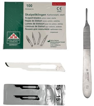 Skalpell-Set – 100 sterile Skalpellklingen Nr. 15 aus Karbonstahl Heinz Herrenz inkl. Skalpellhalter Nr. 3 aus Edelstahl
