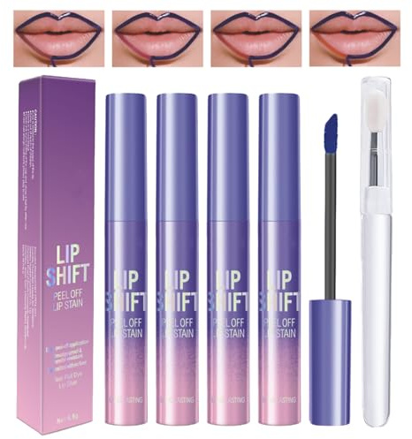 Peel Off Lip Stain 4 Colors Lip Tint Peel Off with Brush, Long Lasting Waterproof Transferproof peel off lip Stain Liner for Women