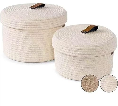 Jute Aufbewahrungskorb mit Deckel 2er Set, Natur Gewebte Körbe Aus Juteseil, Deko Aufbewahrungsboxen für Wohnzimmer Schlafzimmer Büro, Weiß/Khaki, 28cm & 23cm Durchmesser (Weiß)
