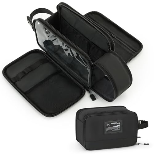 Toiletry Bag for Men & Women, Travel Wash Bag with 3 Compartments – Water-Resistant & Wet Dry Separation, Makeup Shaving Organiser for Toiletries, Bathroom, Camping, Gym Essentials (Black)