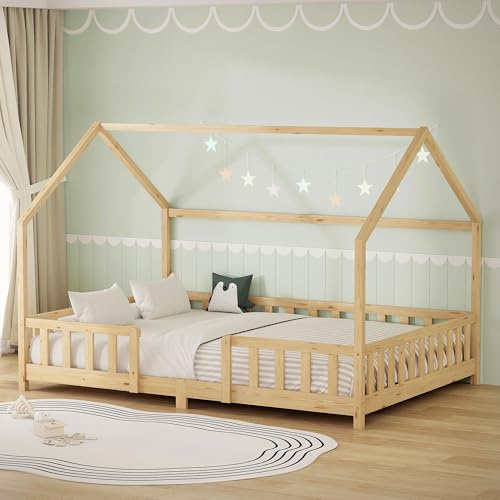 ML-Design Kinderbett Hausbett 140x200 cm mit Rausfallschutz, Dach & Lattenrost, Natur, Bettgestell aus massivem Kiefernholz, Montessori Bodenbett, Holzbett für Mädchen & Jungen, Jugendbett Doppelbett