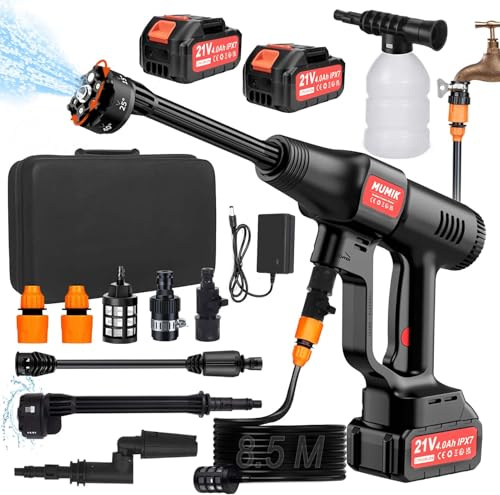 MUMIK Hidrolimpiadora Bateria, 60 Bar Hidrolimpiadora de Alta Presion con 2 * 4.0Ah Baterías (IPX7), Boquilla 6 en 1,Giratoria Boquilla, Manguera de 8.5M Pistola Presion Agua Portatil Profesional