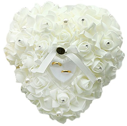 Zentto Coussin rose en forme de cœur pour bague de mariage avec motif floral en satin 24 x 22 cm (1 pièce), blanc, 24 x 22 cm