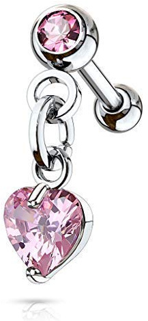 Tapsi´s Coolbodyart® Ohr Cartilage Tragus Barbell Edelstahl Chirurgenstahl 316L Silber Kurzer Kettenanhänger Zirkonia Herz