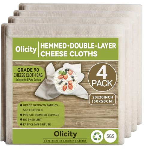 Olicity Double Layer Cheese Cloths 50x50cm-4 Pack Unbleached Muslin Cloths for Cooking | Fine Weave Cheesecloth for Straining | Reusable Cotton Filter Cloth