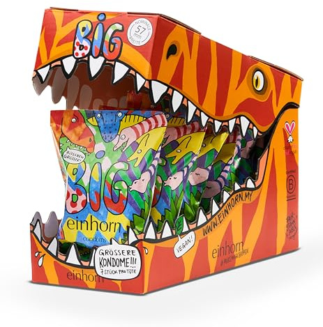 einhorn Kondome - 63 Kondome BIG Geschenk Special - Super Tyrannosaurus - XL-Größe 57 mm - vegane, hormonfreie Verhütung - natürlicher Gleitfilm - nachhaltig und sicher