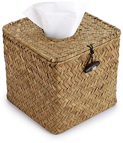 BSTKEY Haushaltswürfel, Seegras Gesichtstücherbox, dekorativer gewebter Papierhalter, Originalfarbe, Gelb, 35,6 x 35,6 x 33 cm