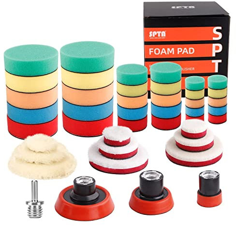 SPTA Polierschwamm, 43tlg 30mm, 50mm, 80mm Polierschwämme Polierpad Polieren Pad Schwamm Set mit Polierpad Polierpad Set und Polierfell Polierset Polierteller Kit für Bohrmaschine, Für Poliermaschine