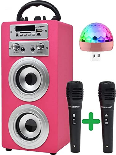 Dynasonic - Bärbar Bluetooth-karaokehögtalare 10W, TWS-mikrofon ingår, FM-radio, USB/SD-spelare (Modell 025 Disco Lights Pink)