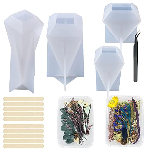 Woohome Molde de Resina, 4 Pz Cono Moldes Resina Epoxi Torre de Cristal Molde Silicona Resina con Flores Secas para Soporte de Anillo de Resina de Bricolaje, Decoración Del Hogar