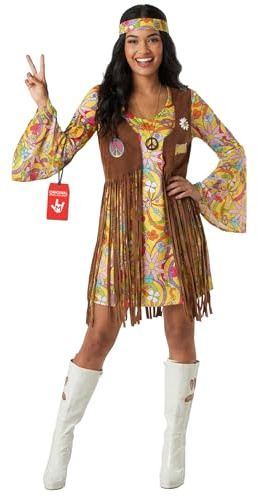 Morph Hippie Kostüm Damen, 70er Jahre Halloween Kostüm Damen | Farbenfrohes Kleid, Gelbes Flower-Power-Design, Zum Überziehen, Perfekt für Halloween, Ideal zum Verkleiden