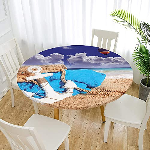 Morbuy Rund Tischdecke Elastisch, Anker Drucken Rund Tischdecken Wasserdicht Lotuseffekt Abwaschbar Abwischbar Tischtuch für Dekoration Küchentisch Garten Outdoor (Durchmesser 120cm,Strand)