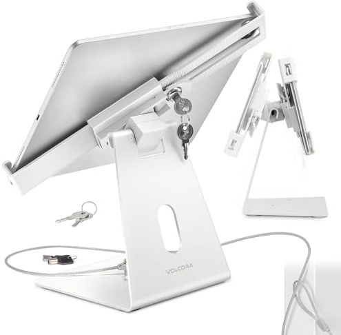 Volcora Tablet iPad Halterung mit Anti-Diebstahl-Verriegelung, Weiß, 10-13 Zoll Tablets Ständerhalterung, schwenkbar, drehbar, sichere Klemme für POS Register, Checkout Kiosk, Display Tisch und Kasse
