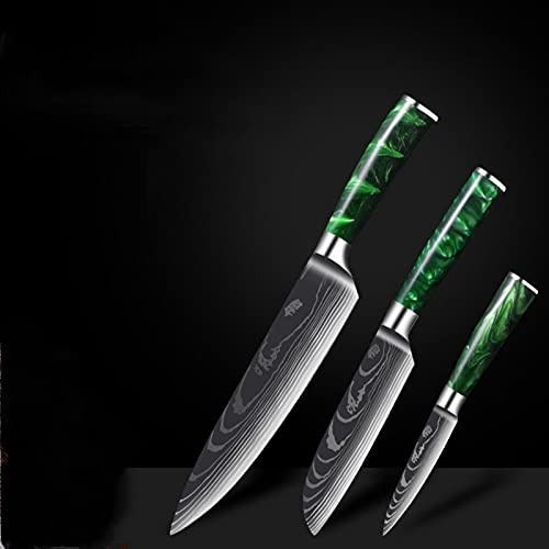 1 / 8pcs Set Green Resine Manche Chef 5CR15 Acier inoxydable Damascus Gyuto Viande Cleaver Slicer Santoku Cuisine Outils Cook couteau (Color : 3Pcs Set)