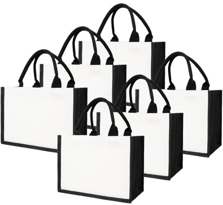 TOPTIE 6 Pezzi Borse Tote in tela di juta in bianco e nero, Borsa per la spesa, Borsa da spiaggia per picnic