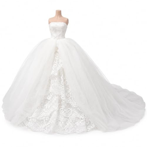 Uteruik Robe de Mariée pour Poupée 30 cm, Blanche, Coupe Princesse | Tulle superposé, panneau en dentelle et longue traîne, robe seule; poupée, voile, chaussures et accessoires non inclus